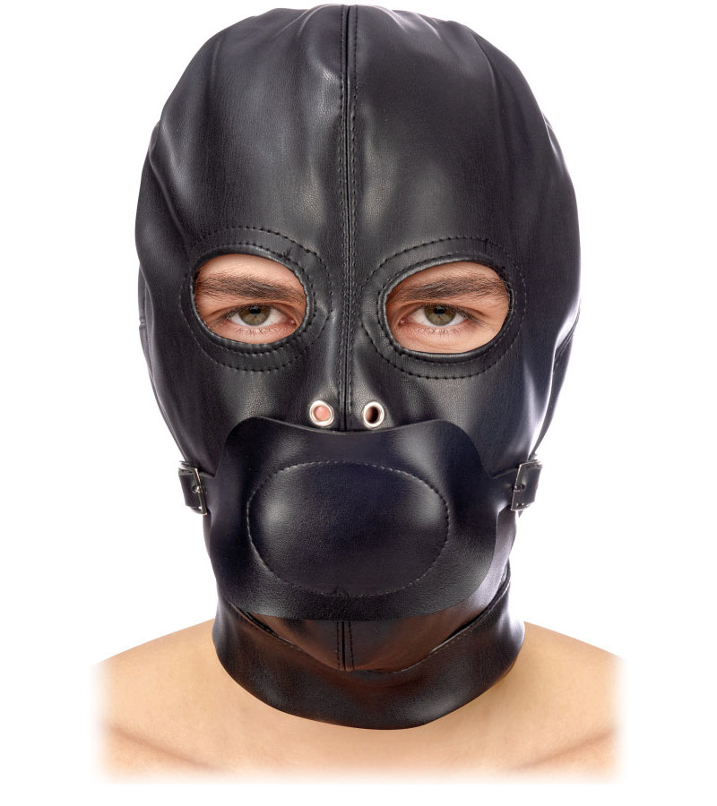 image extraite cagoule bdsm simili cuir ouvertures yeux bouche amovible fetish tentation