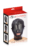 Click to see product infos- Cagoule BDSM Simili-Cuir (ouvertures bouche - cache yeux amovible ) - Fetish Tentation